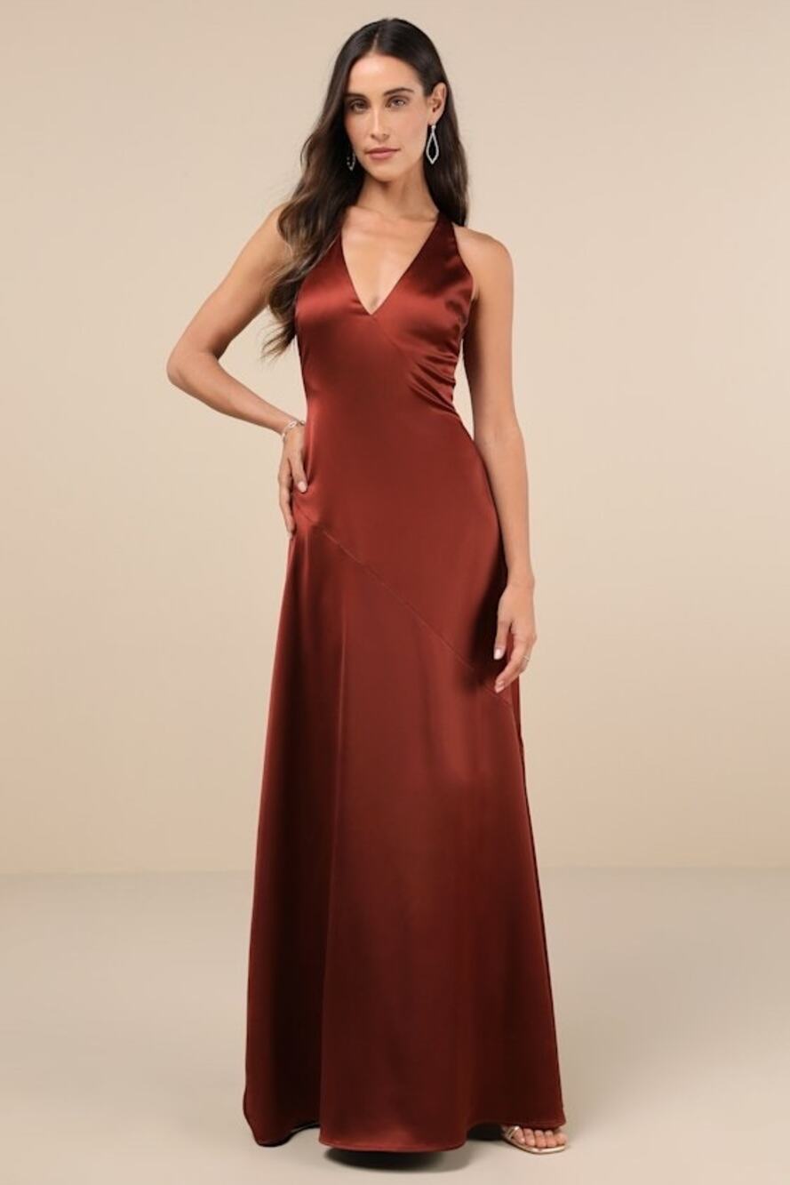 New Lulus Purely Elegant Rust Brown Satin Twist-Back Maxi Dress Size XL MSRP $89